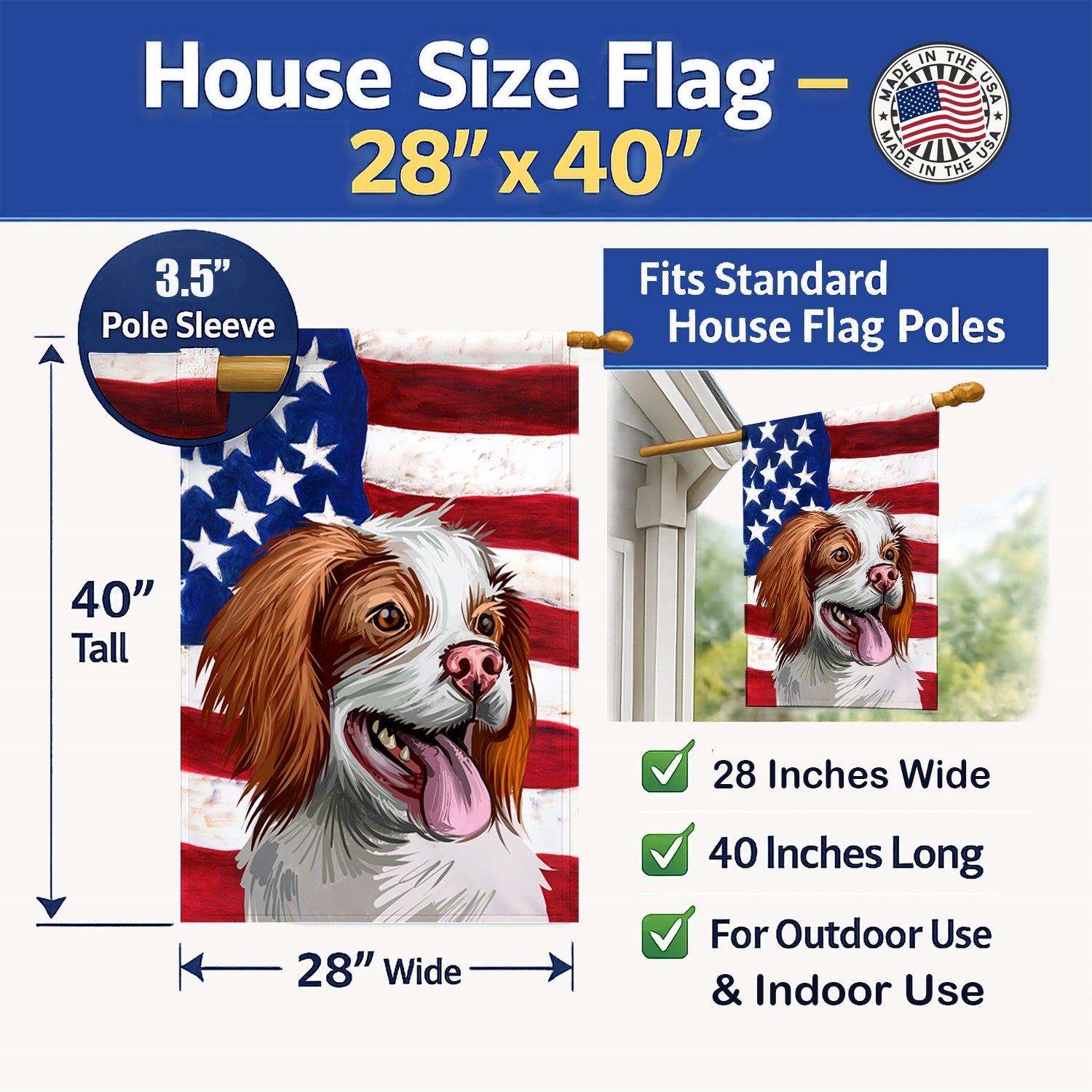 French Brittany Dog American Flag House Flag 28x40 Porch Sleeve Pole Decorative Outside Yard Banner Artwork Wall Hanging, Polyester