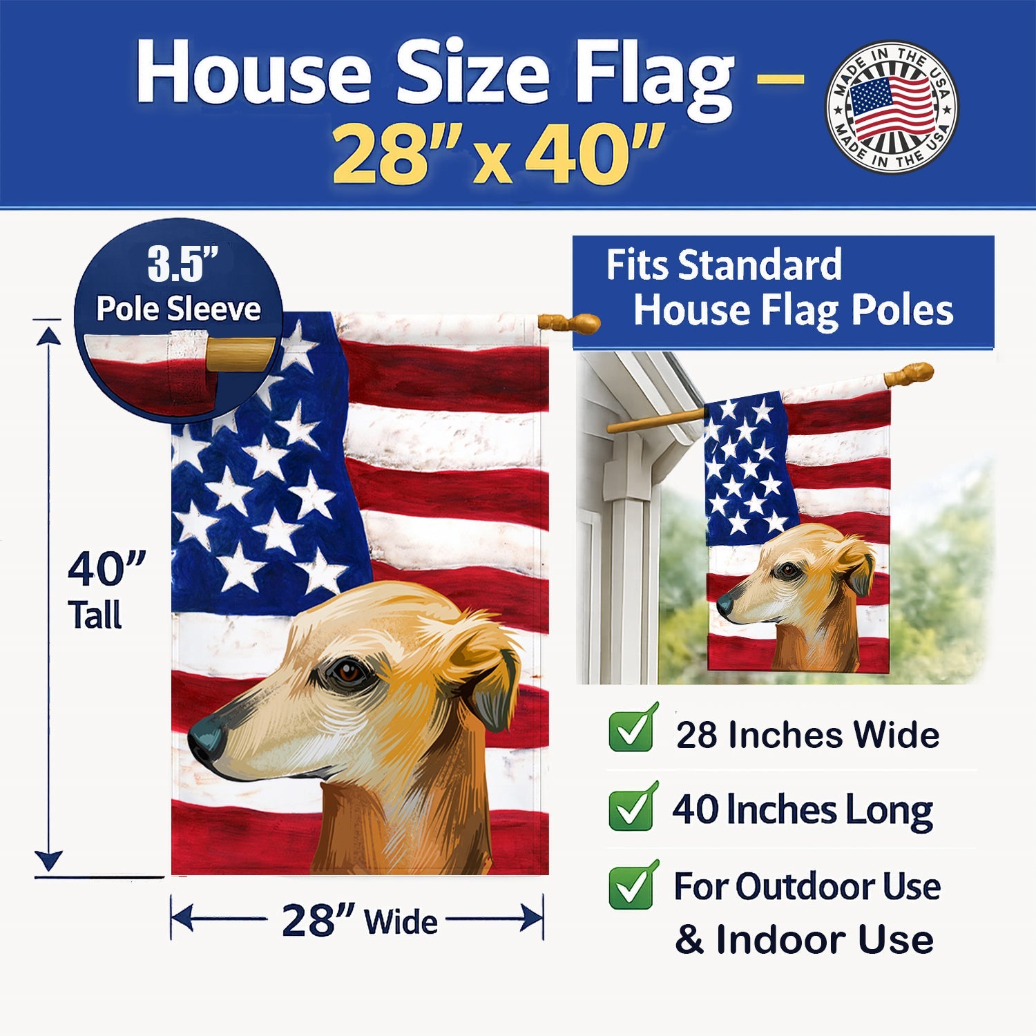 Galgo Espanol Dog American Flag House Flag 28x40 Porch Sleeve Pole Decorative Outside Yard Banner Artwork Wall Hanging, Polyester