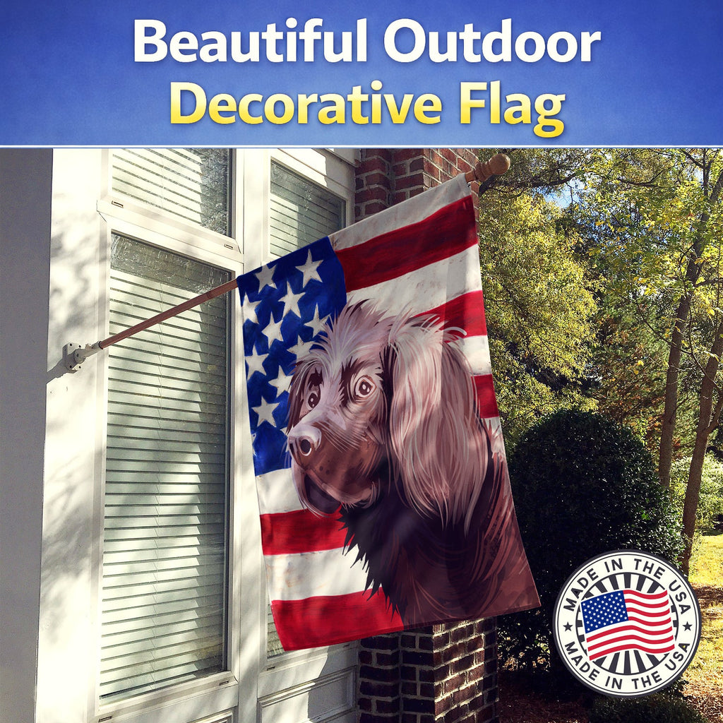 German Longhaired Pointer American Flag House Flag 28x40 Porch Sleeve Pole Decorative Outside Yard Banner Artwork Wall Hanging, Polyester