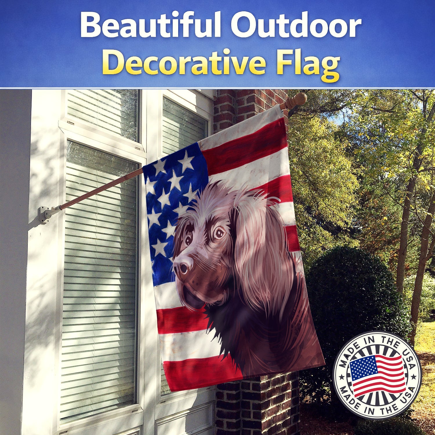 German Longhaired Pointer American Flag House Flag 28x40 Porch Sleeve Pole Decorative Outside Yard Banner Artwork Wall Hanging, Polyester