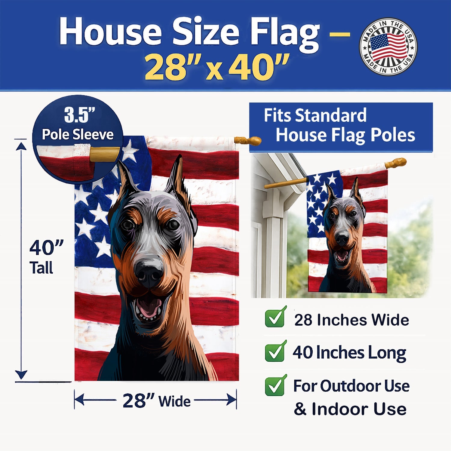 German Pinscher Dog American Flag House Flag 28x40 Porch Sleeve Pole Decorative Outside Yard Banner Artwork Wall Hanging, Polyester