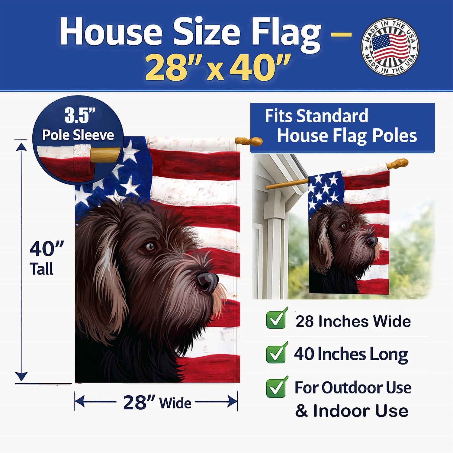 German Roughhaired Pointer American Flag House Flag 28x40 Porch Sleeve Pole Decorative Outside Yard Banner Artwork Wall Hanging, Polyester