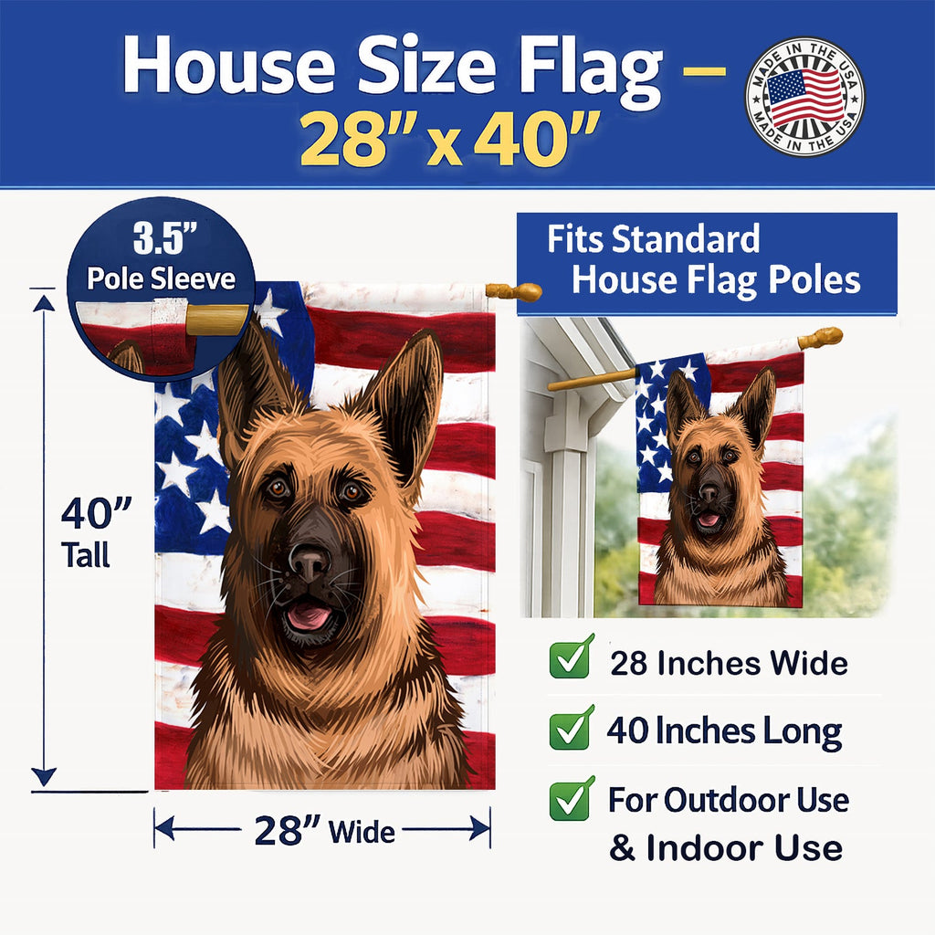 German Shepherd Dog American Flag House Flag 28x40 Porch Sleeve Pole Decorative Outside Yard Banner Artwork Wall Hanging, Polyester