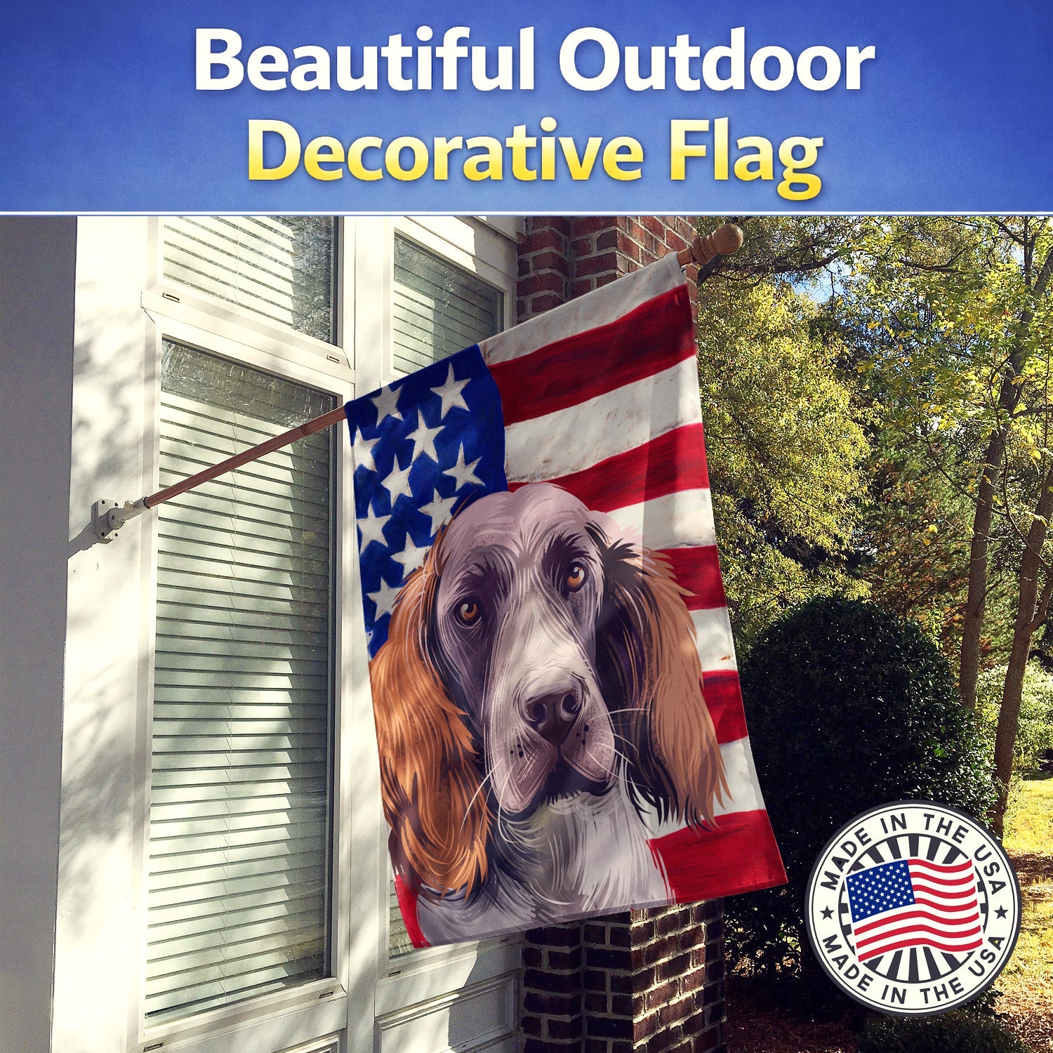 German Spaniel Dog American Flag House Flag 28x40 Porch Sleeve Pole Decorative Outside Yard Banner Artwork Wall Hanging, Polyester