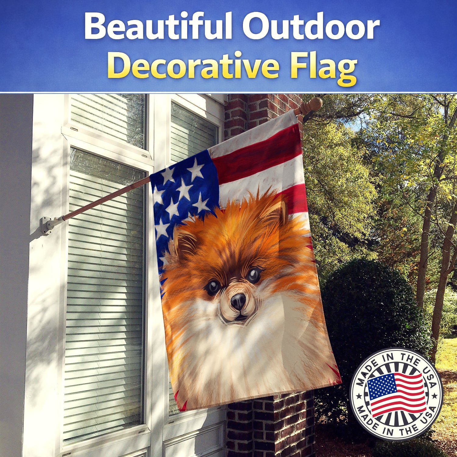German Spitz Dog American Flag House Flag 28x40 Porch Sleeve Pole Decorative Outside Yard Banner Artwork Wall Hanging, Polyester