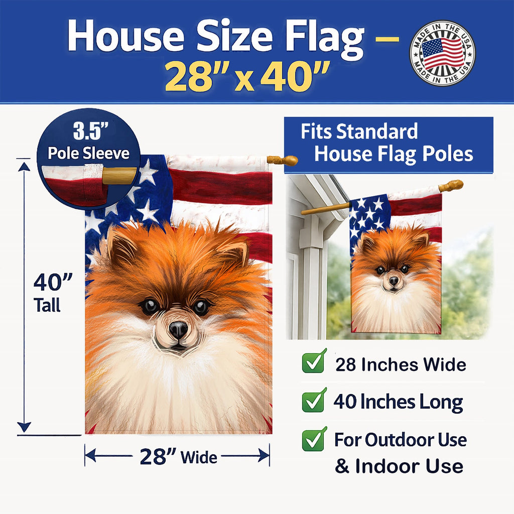 German Spitz Dog American Flag House Flag 28x40 Porch Sleeve Pole Decorative Outside Yard Banner Artwork Wall Hanging, Polyester
