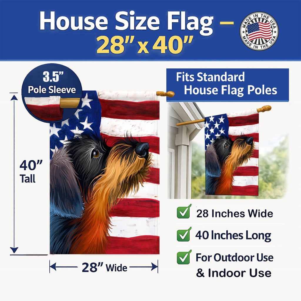 German Wirehaired Pointer American Flag House Flag 28x40 Porch Sleeve Pole Decorative Outside Yard Banner Artwork Wall Hanging, Polyester