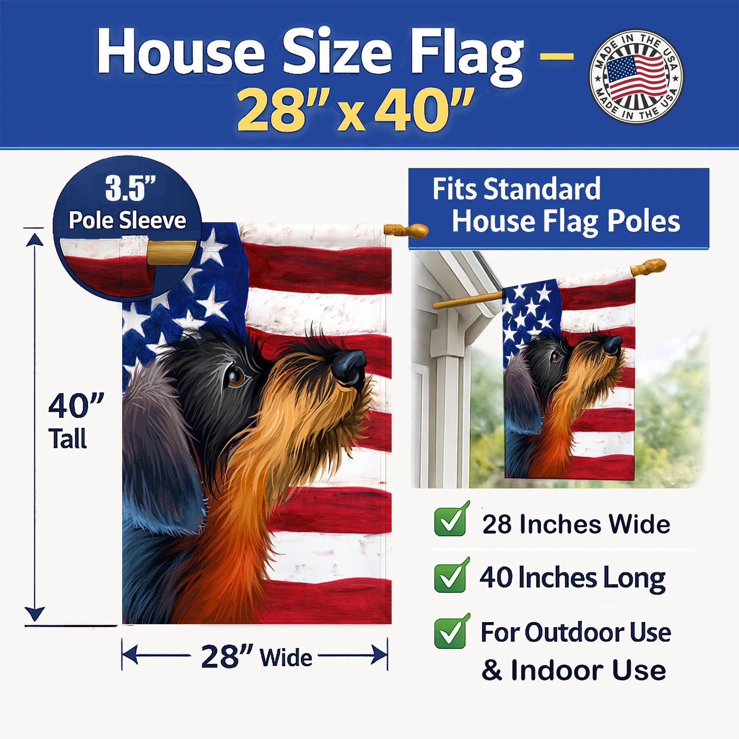 German Wirehaired Pointer American Flag House Flag 28x40 Porch Sleeve Pole Decorative Outside Yard Banner Artwork Wall Hanging, Polyester