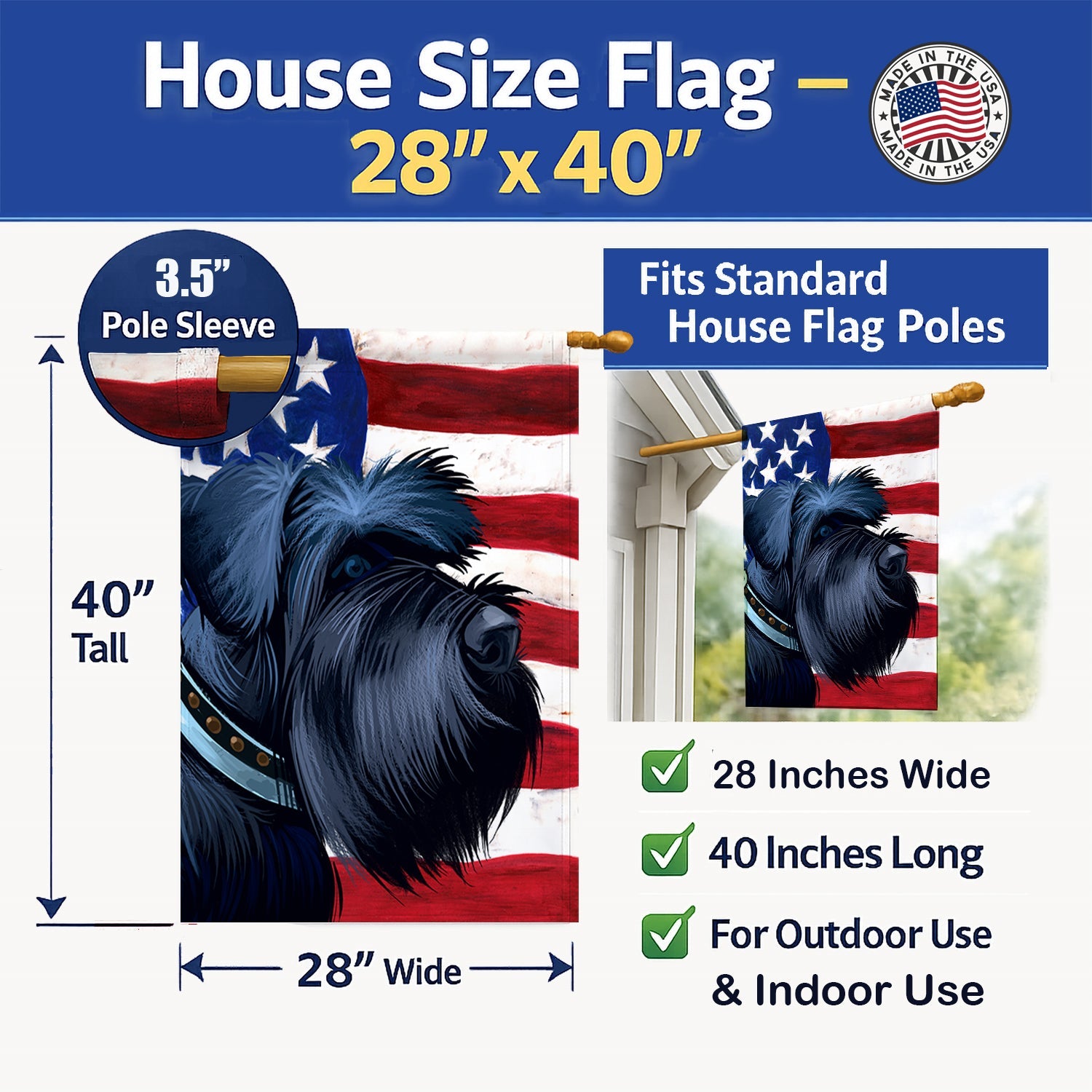 Giant Schnauzer Dog American Flag House Flag 28x40 Porch Sleeve Pole Decorative Outside Yard Banner Artwork Wall Hanging, Polyester