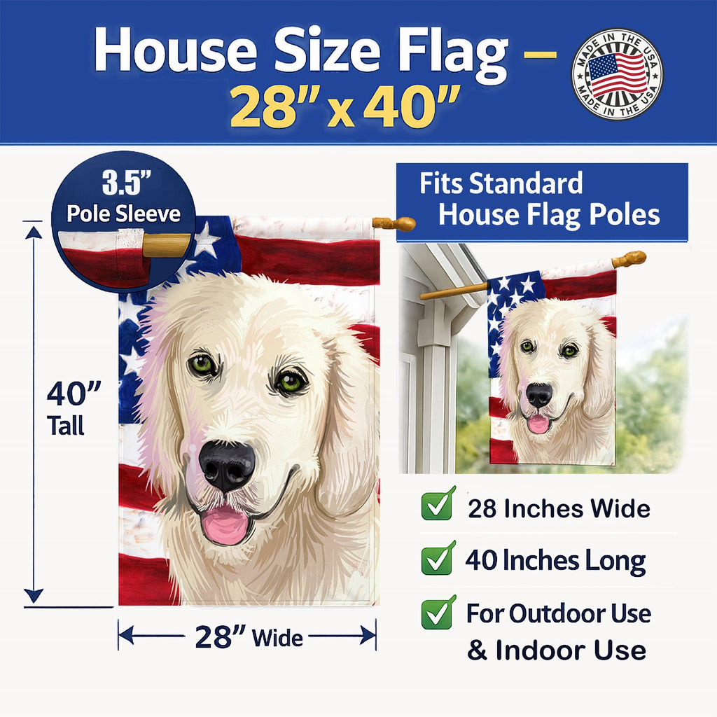 Golden Retriever Dog American Flag House Flag 28x40 Porch Sleeve Pole Decorative Outside Yard Banner Artwork Wall Hanging, Polyester