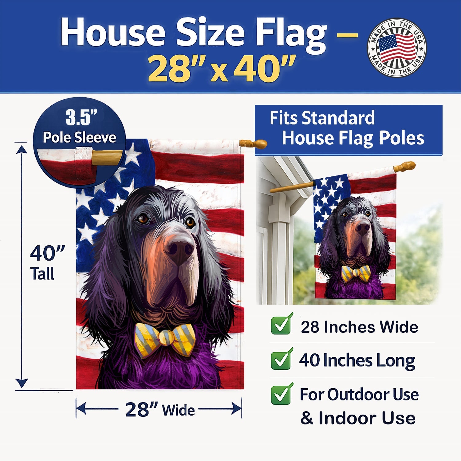 Gordon Setter Dog American Flag House Flag 28x40 Porch Sleeve Pole Decorative Outside Yard Banner Artwork Wall Hanging, Polyester