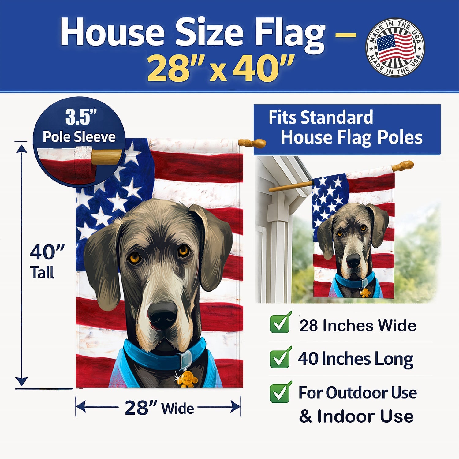 Great Dane Dog American Flag House Flag 28x40 Porch Sleeve Pole Decorative Outside Yard Banner Artwork Wall Hanging, Polyester