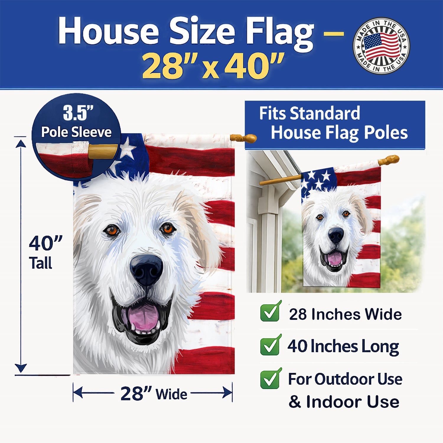 Great Pyrenees Dog American Flag House Flag 28x40 Porch Sleeve Pole Decorative Outside Yard Banner Artwork Wall Hanging, Polyester