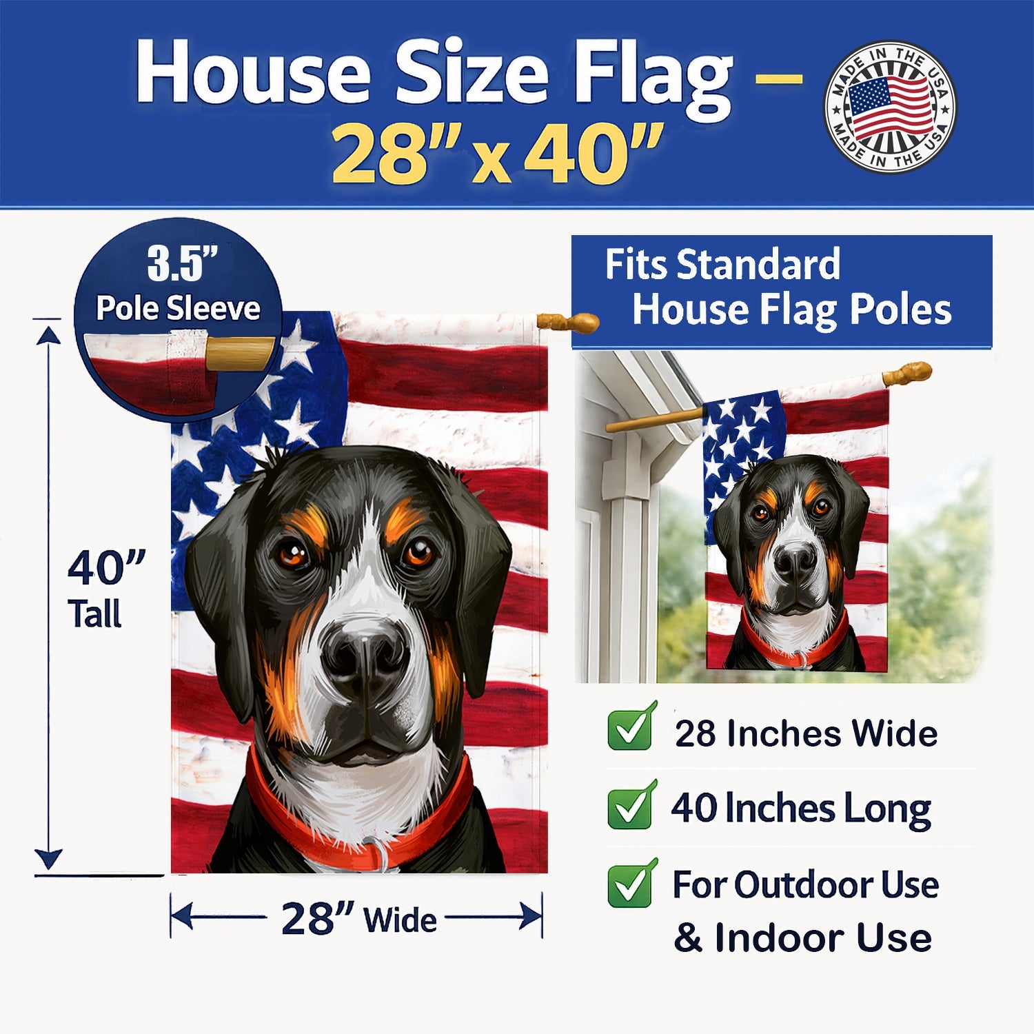 Greater Swiss Mountain Dog American Flag House Flag 28x40 Porch Sleeve Pole Decorative Outside Yard Banner Artwork Wall Hanging, Polyester