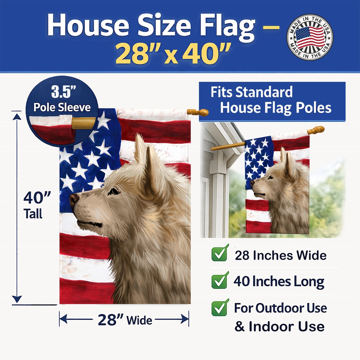 Greenland Dog American Flag House Flag 28x40 Porch Sleeve Pole Decorative Outside Yard Banner Artwork Wall Hanging, Polyester