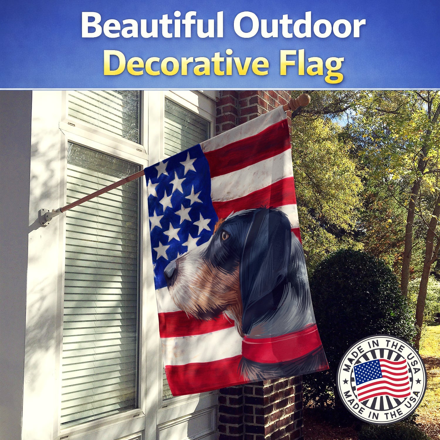 Griffon Bleu de Gascogne American Flag House Flag 28x40 Porch Sleeve Pole Decorative Outside Yard Banner Artwork Wall Hanging, Polyester
