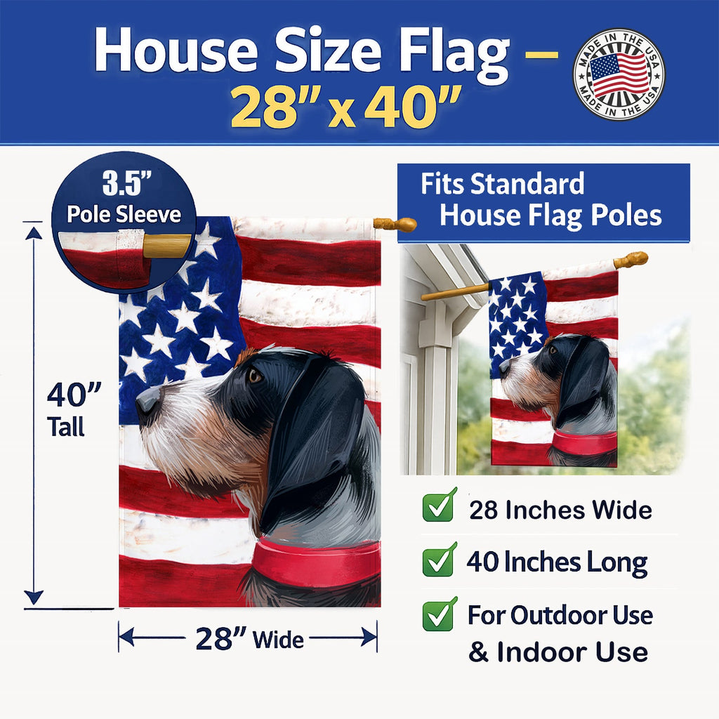 Griffon Bleu de Gascogne American Flag House Flag 28x40 Porch Sleeve Pole Decorative Outside Yard Banner Artwork Wall Hanging, Polyester