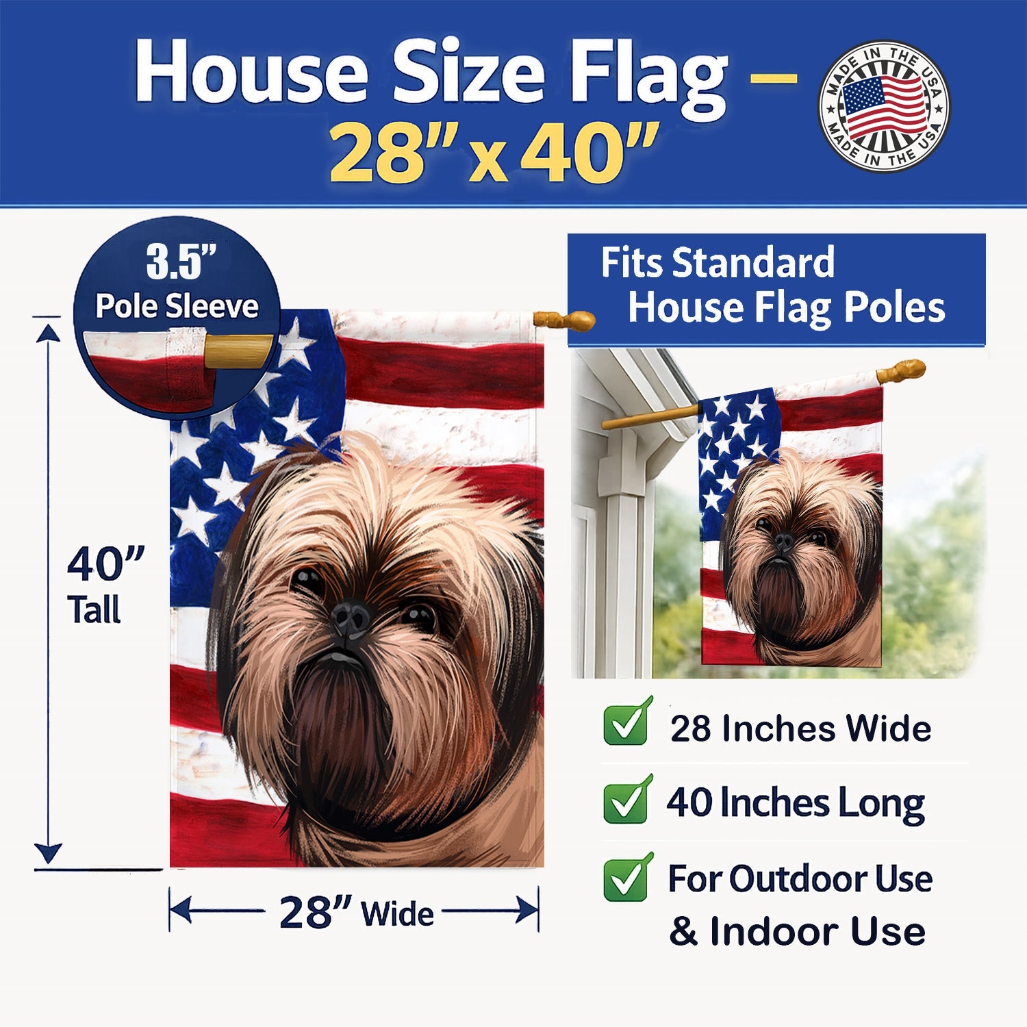 Griffon Bruxellois Dog American Flag House Flag 28x40 Porch Sleeve Pole Decorative Outside Yard Banner Artwork Wall Hanging, Polyester