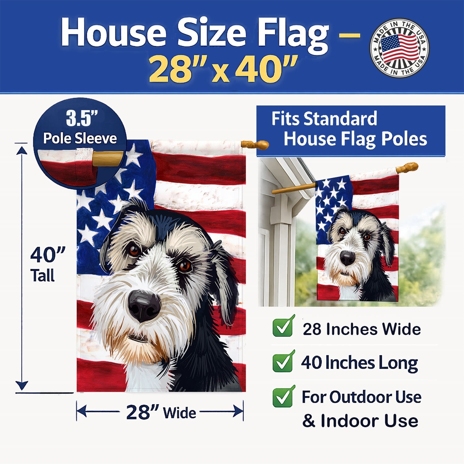 Griffon Nivernais Dog American Flag House Flag 28x40 Porch Sleeve Pole Decorative Outside Yard Banner Artwork Wall Hanging, Polyester