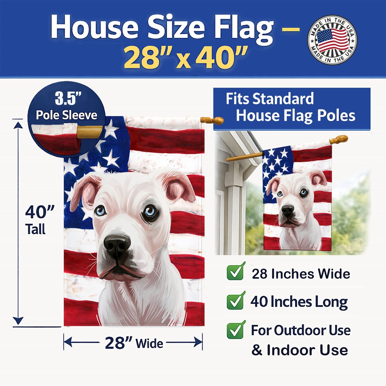 Guatemalan Dogo Dog American Flag House Flag 28x40 Porch Sleeve Pole Decorative Outside Yard Banner Artwork Wall Hanging, Polyester