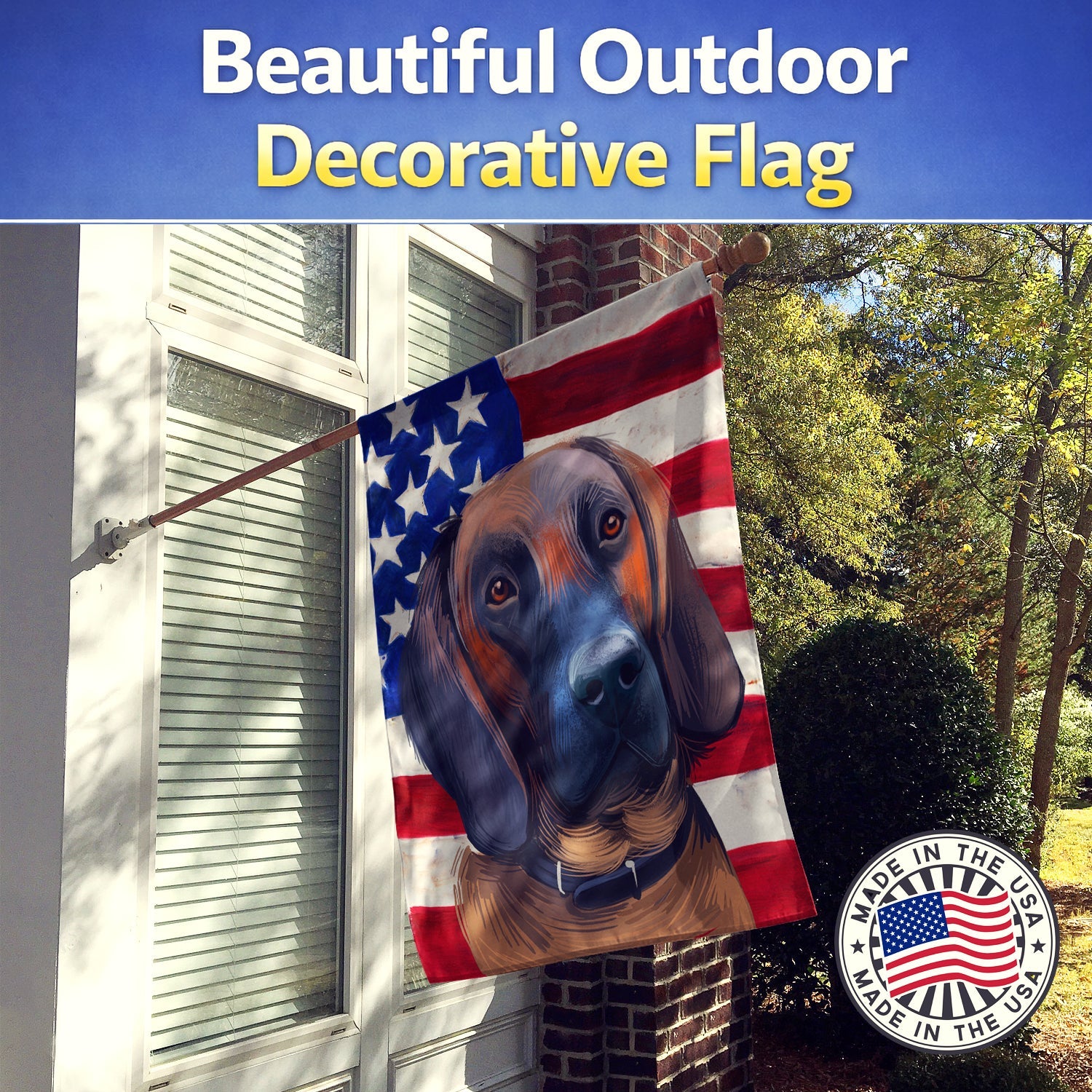 Hanover Hound Dog American Flag House Flag 28x40 Porch Sleeve Pole Decorative Outside Yard Banner Artwork Wall Hanging, Polyester