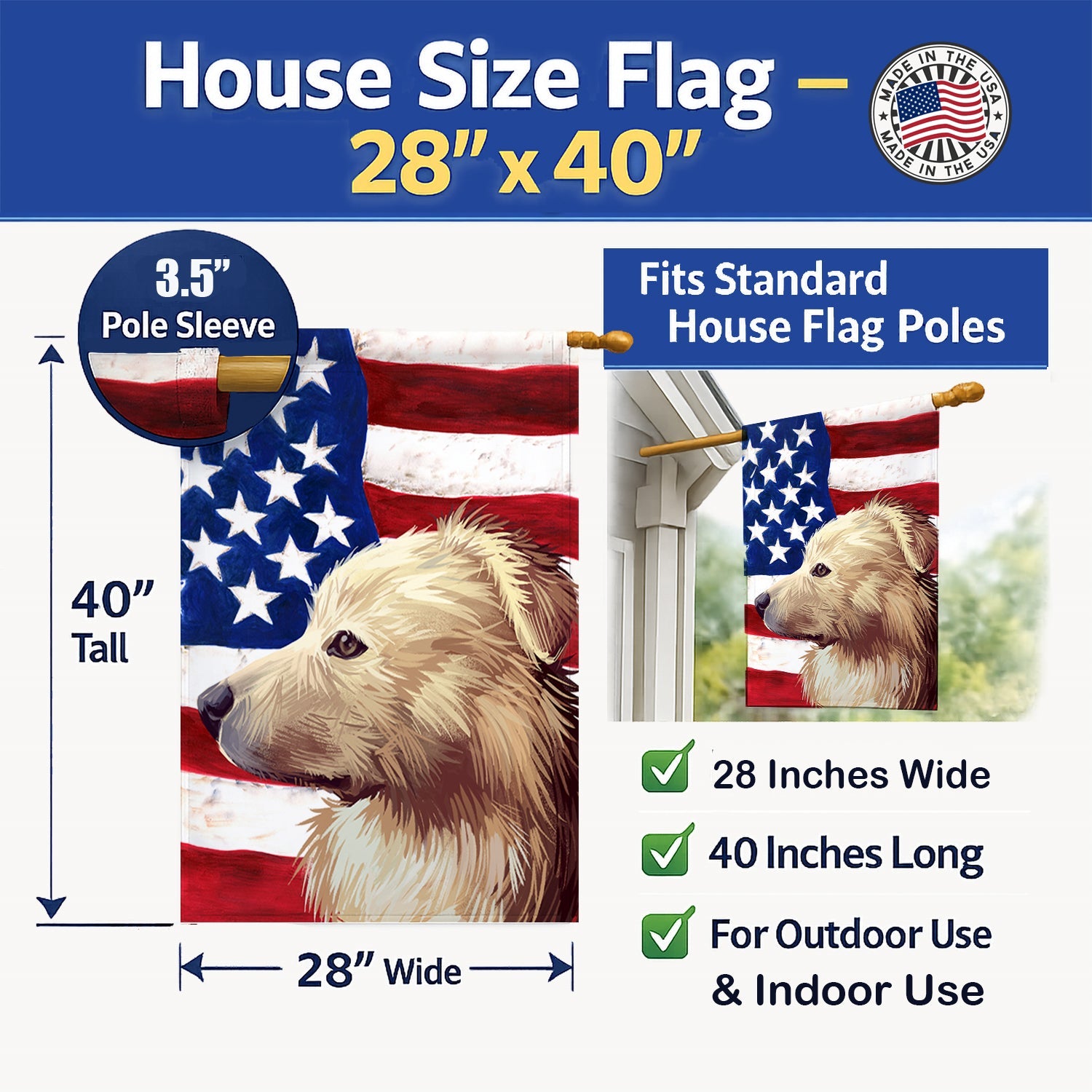 Himalayan Sheepdog Dog American Flag House Flag 28x40 Porch Sleeve Pole Decorative Outside Yard Banner Artwork Wall Hanging, Polyester
