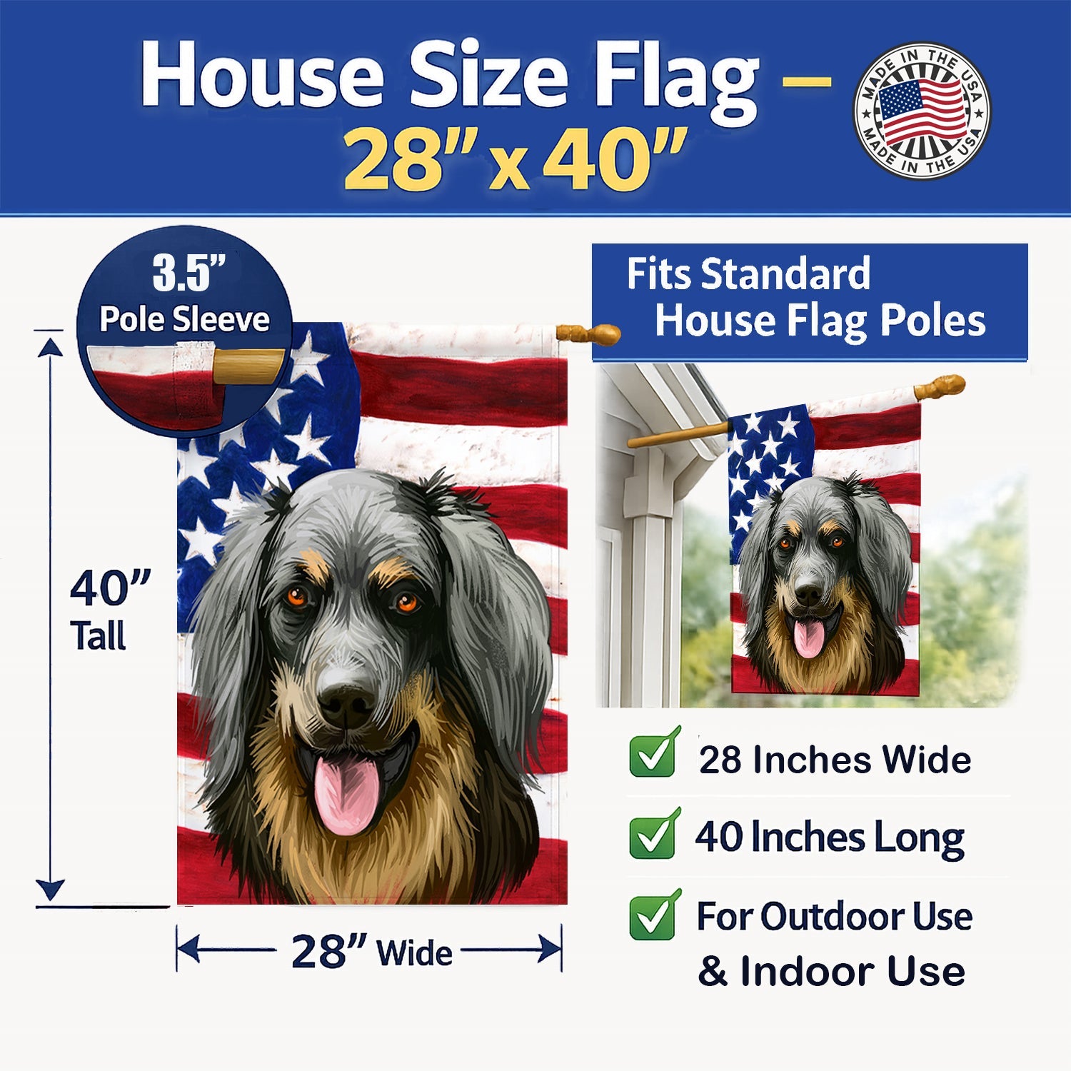 Hovawart Dog American Flag House Flag 28x40 Porch Sleeve Pole Decorative Outside Yard Banner Artwork Wall Hanging, Polyester