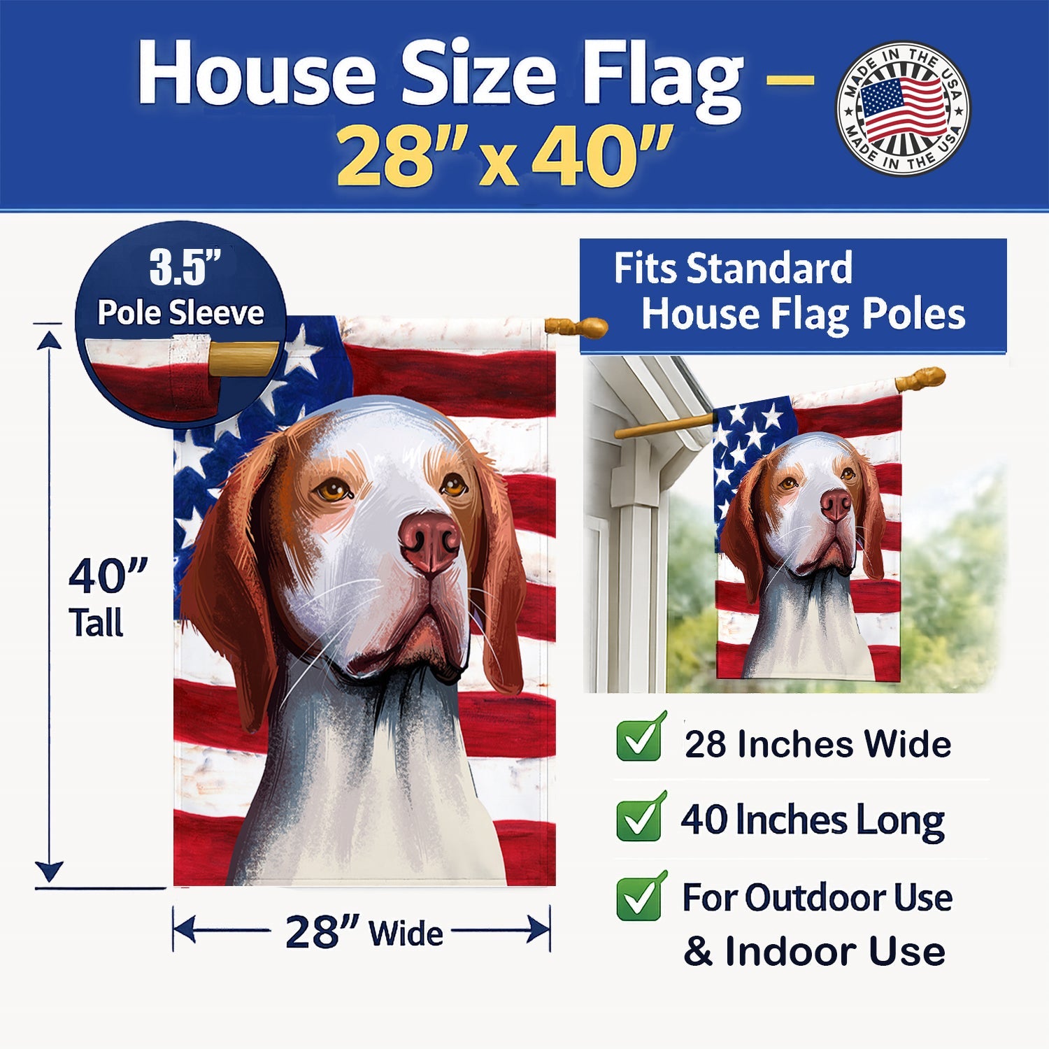 Hunting Dog American Flag House Flag 28x40 Porch Sleeve Pole Decorative Outside Yard Banner Artwork Wall Hanging, Polyester