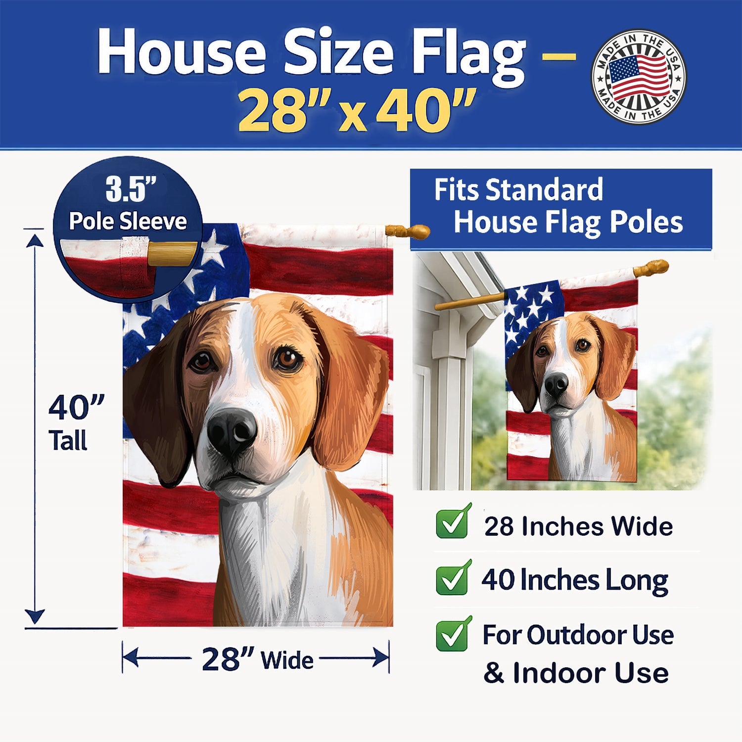Hygenhund Dog American Flag House Flag 28x40 Porch Sleeve Pole Decorative Outside Yard Banner Artwork Wall Hanging, Polyester