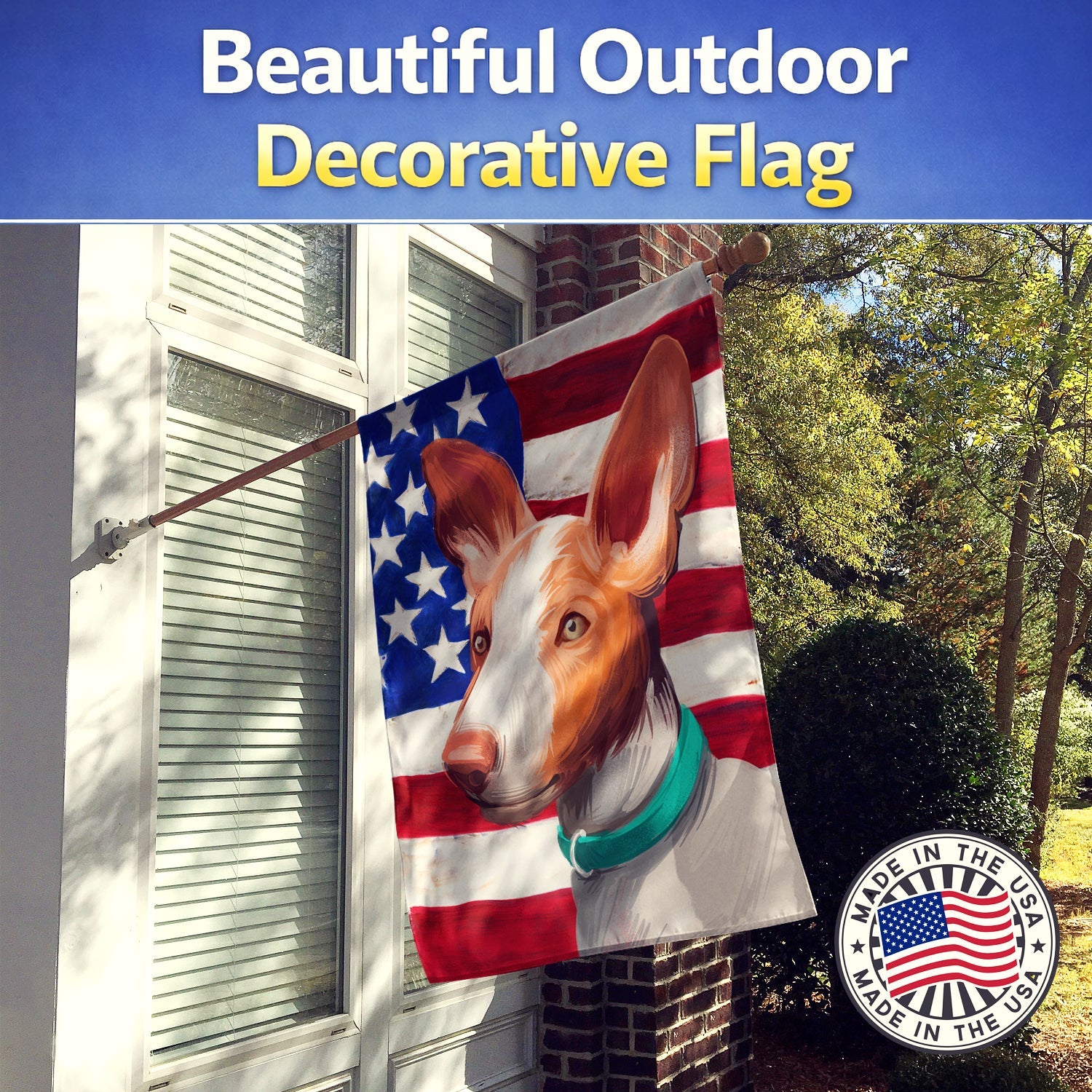 Ibizan Hound Dog American Flag House Flag 28x40 Porch Sleeve Pole Decorative Outside Yard Banner Artwork Wall Hanging, Polyester