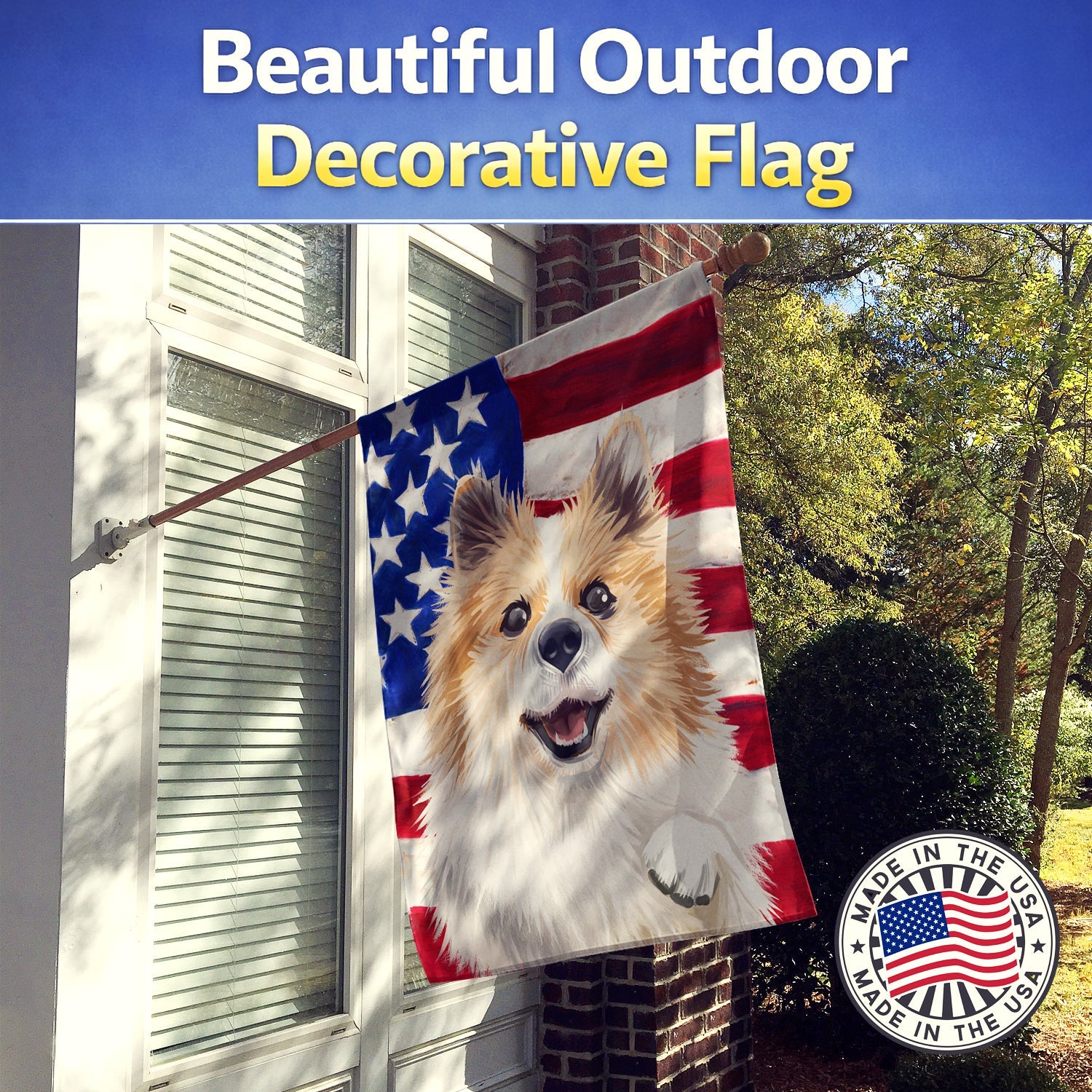 Icelandic Sheepdog Dog American Flag House Flag 28x40 Porch Sleeve Pole Decorative Outside Yard Banner Artwork Wall Hanging, Polyester