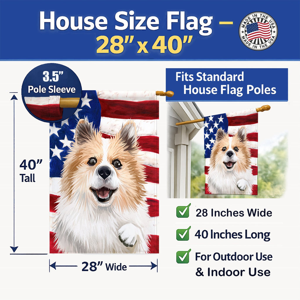 Icelandic Sheepdog Dog American Flag House Flag 28x40 Porch Sleeve Pole Decorative Outside Yard Banner Artwork Wall Hanging, Polyester