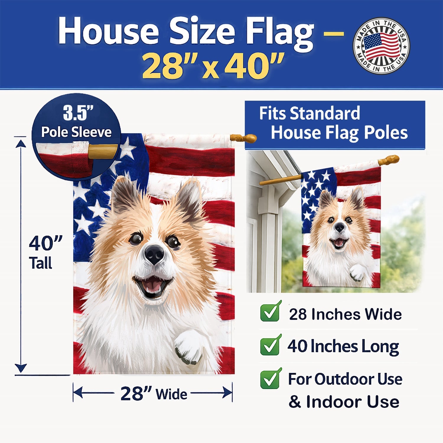 Icelandic Sheepdog Dog American Flag House Flag 28x40 Porch Sleeve Pole Decorative Outside Yard Banner Artwork Wall Hanging, Polyester