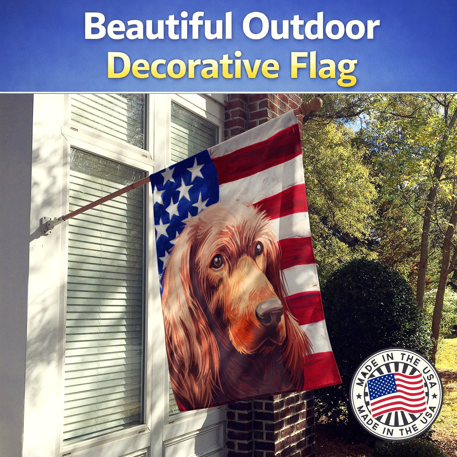 Irish Setter Dog American Flag House Flag 28x40 Porch Sleeve Pole Decorative Outside Yard Banner Artwork Wall Hanging, Polyester