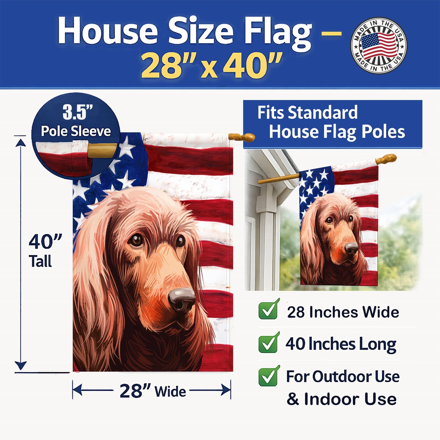 Irish Setter Dog American Flag House Flag 28x40 Porch Sleeve Pole Decorative Outside Yard Banner Artwork Wall Hanging, Polyester