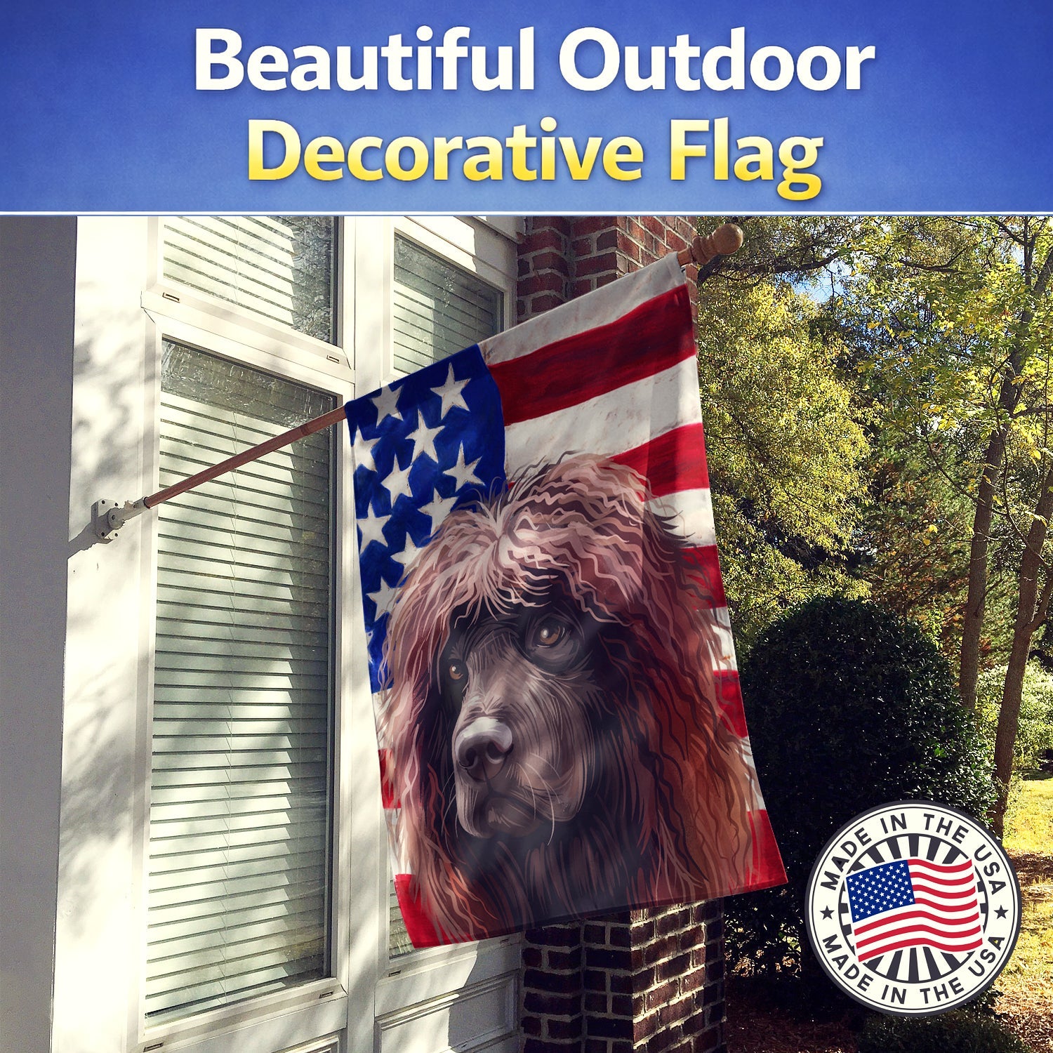 Irish Water Spaniel American Flag House Flag 28x40 Porch Sleeve Pole Decorative Outside Yard Banner Artwork Wall Hanging, Polyester