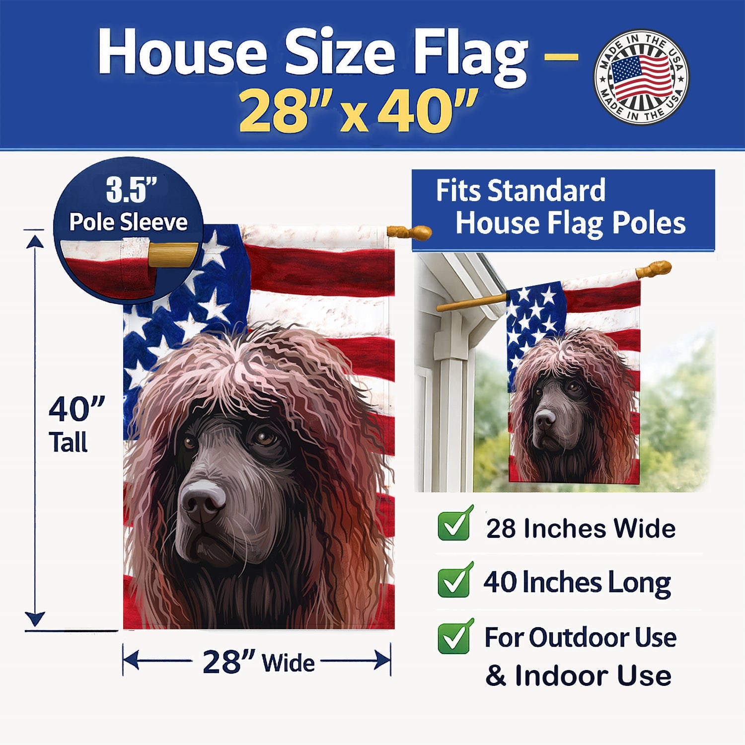 Irish Water Spaniel American Flag House Flag 28x40 Porch Sleeve Pole Decorative Outside Yard Banner Artwork Wall Hanging, Polyester