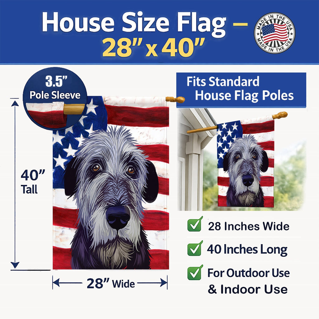 Irish Wolfhound American Flag House Flag 28x40 Porch Sleeve Pole Decorative Outside Yard Banner Artwork Wall Hanging, Polyester