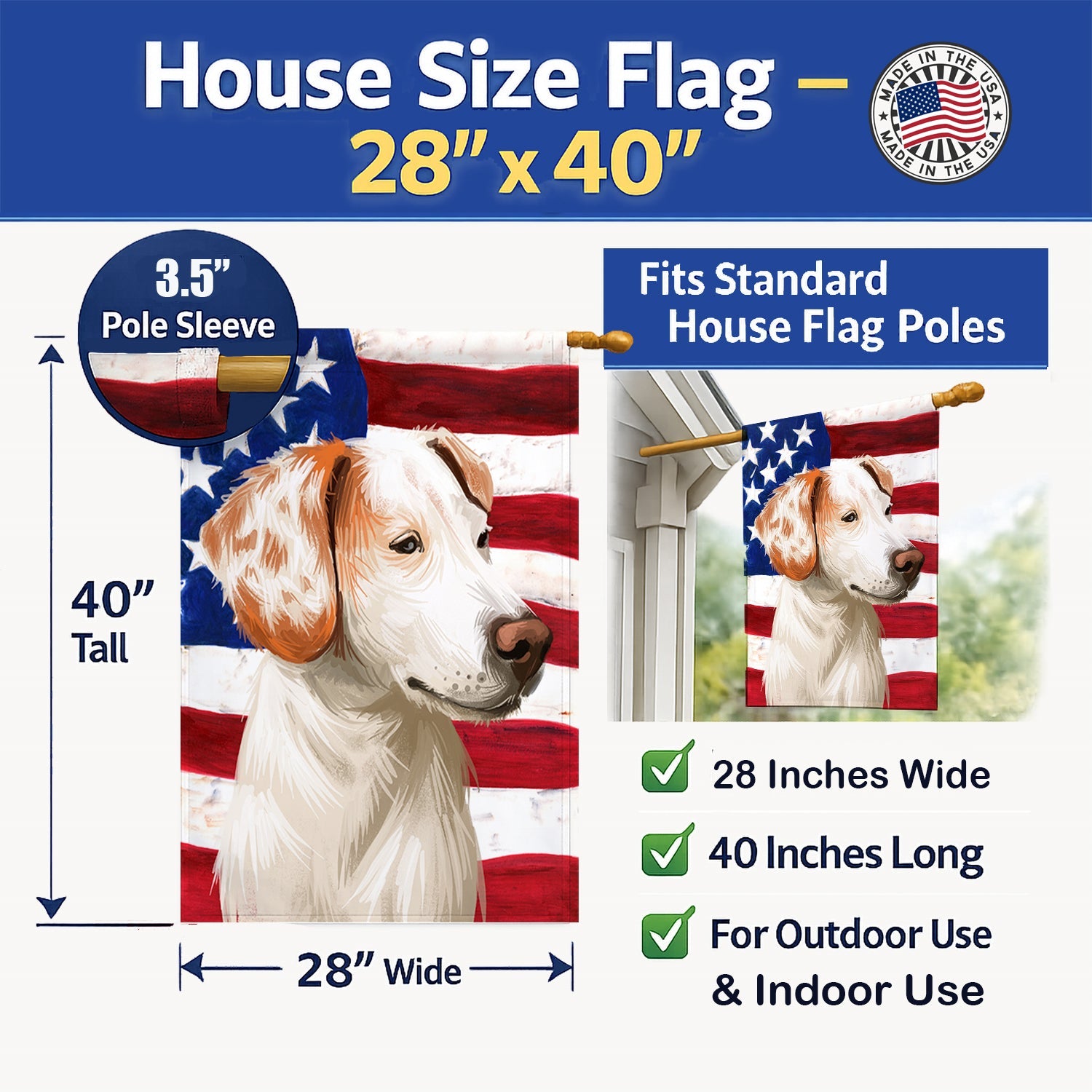 Istrian Shorthaired Hound American Flag House Flag 28x40 Porch Sleeve Pole Decorative Outside Yard Banner Artwork Wall Hanging, Polyester