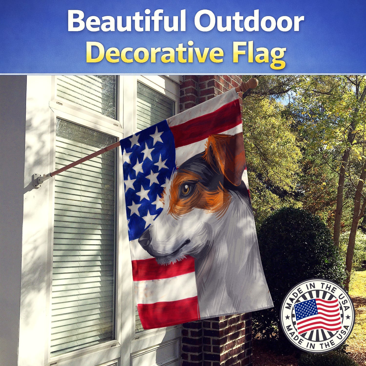 Jack Russell Terrier American Flag House Flag 28x40 Porch Sleeve Pole Decorative Outside Yard Banner Artwork Wall Hanging, Polyester