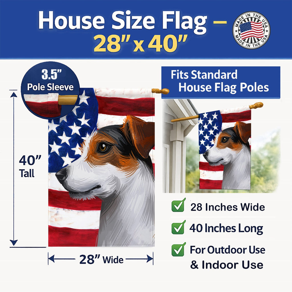 Jack Russell Terrier American Flag House Flag 28x40 Porch Sleeve Pole Decorative Outside Yard Banner Artwork Wall Hanging, Polyester
