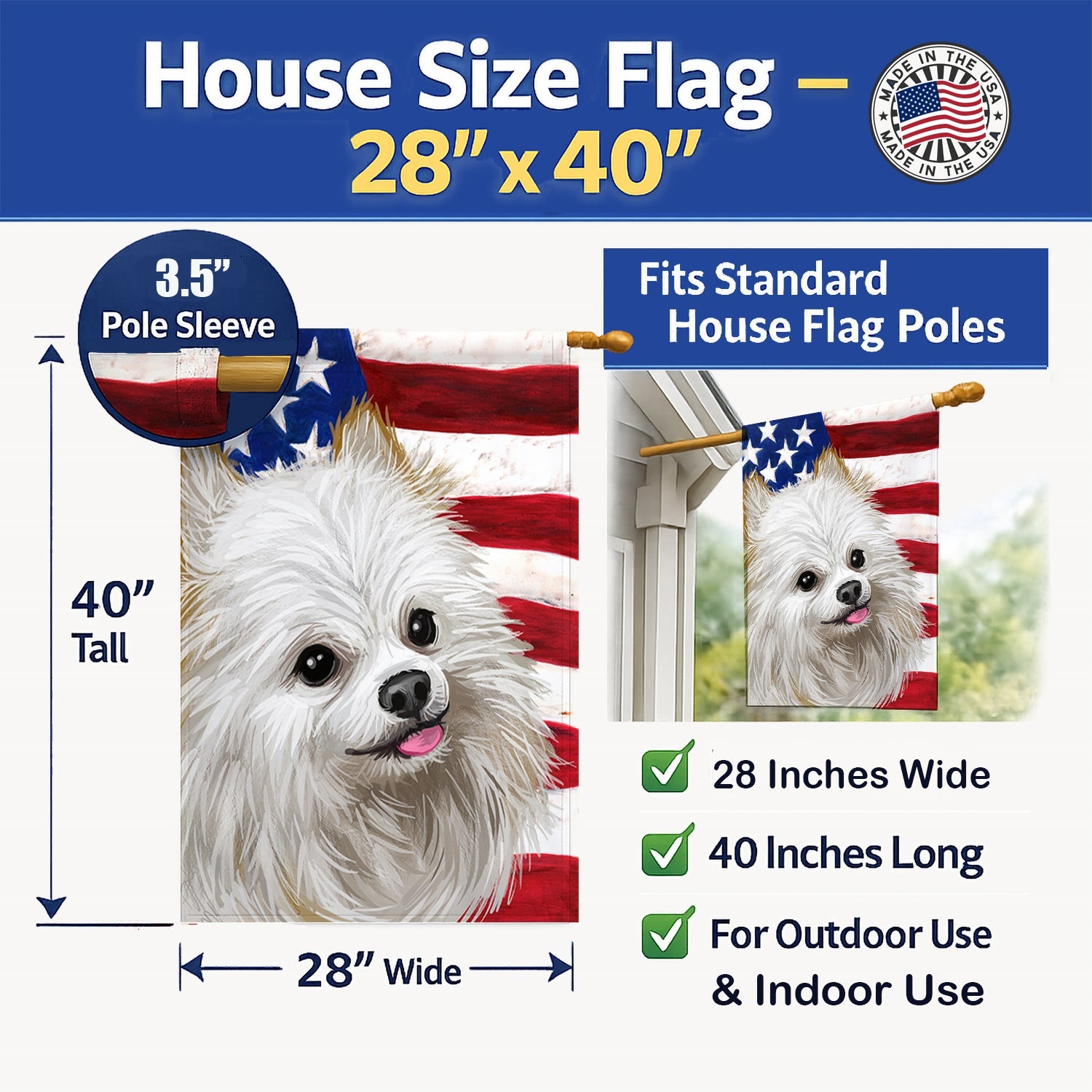 Japanese Spitz American Flag House Flag 28x40 Porch Sleeve Pole Decorative Outside Yard Banner Artwork Wall Hanging, Polyester