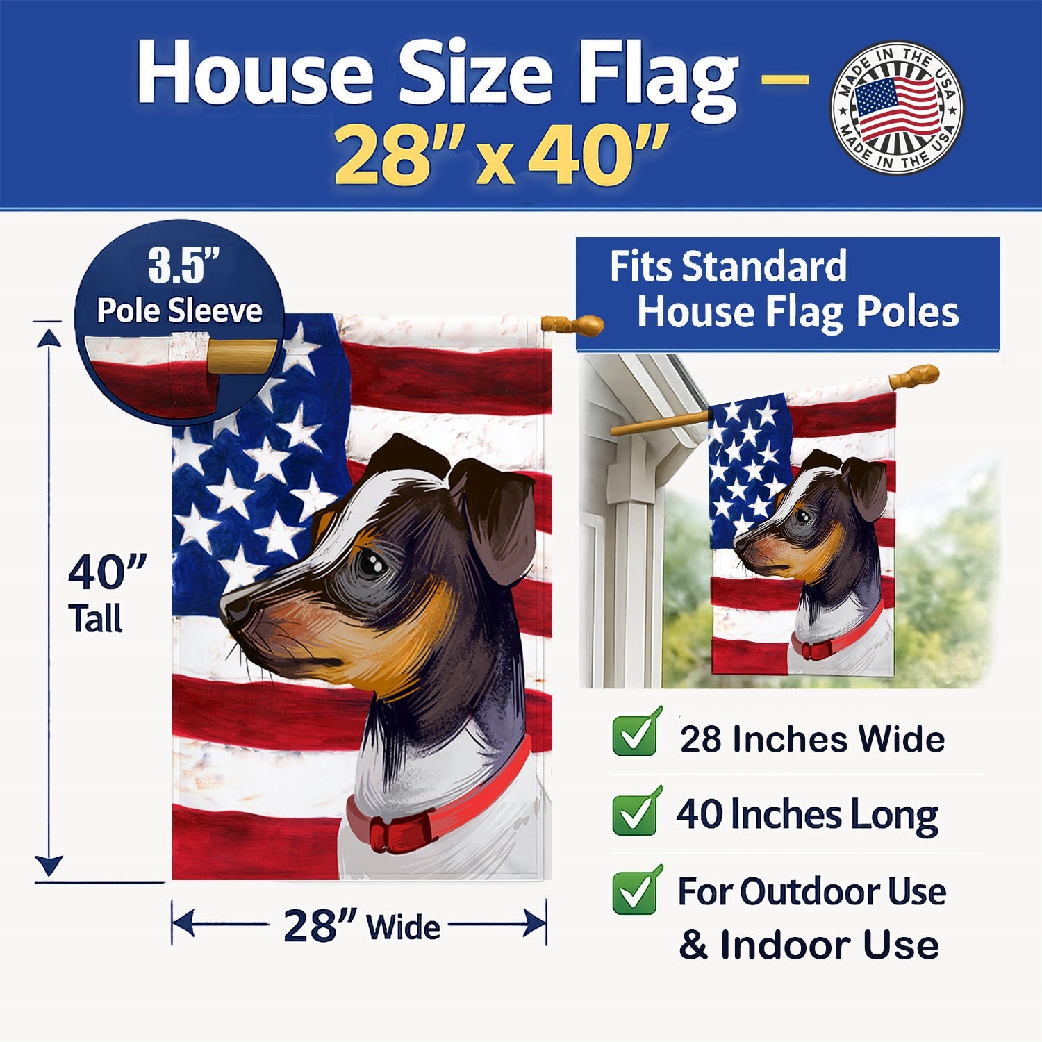 Japanese Terrier American Flag House Flag 28x40 Porch Sleeve Pole Decorative Outside Yard Banner Artwork Wall Hanging, Polyester