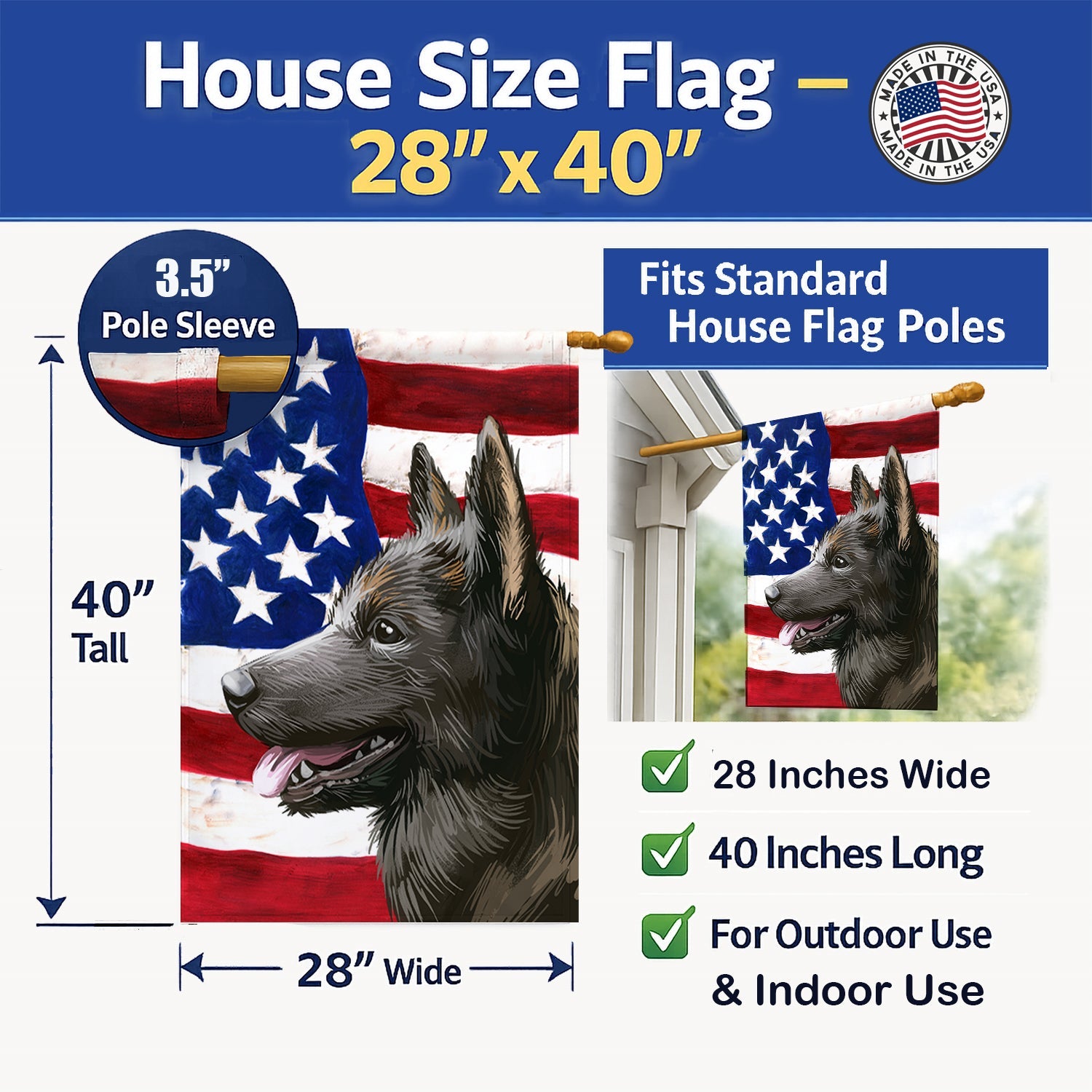 Kai Ken American Flag House Flag 28x40 Porch Sleeve Pole Decorative Outside Yard Banner Artwork Wall Hanging, Polyester