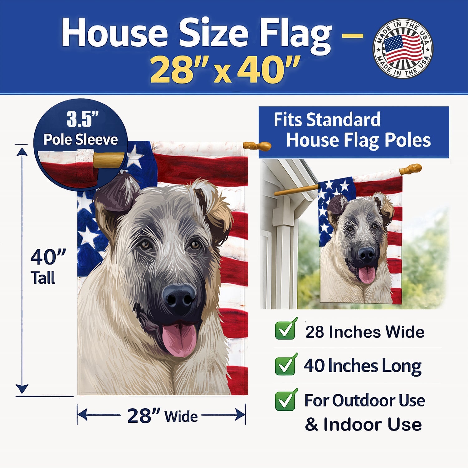 Kangal Dog American Flag House Flag 28x40 Porch Sleeve Pole Decorative Outside Yard Banner Artwork Wall Hanging, Polyester
