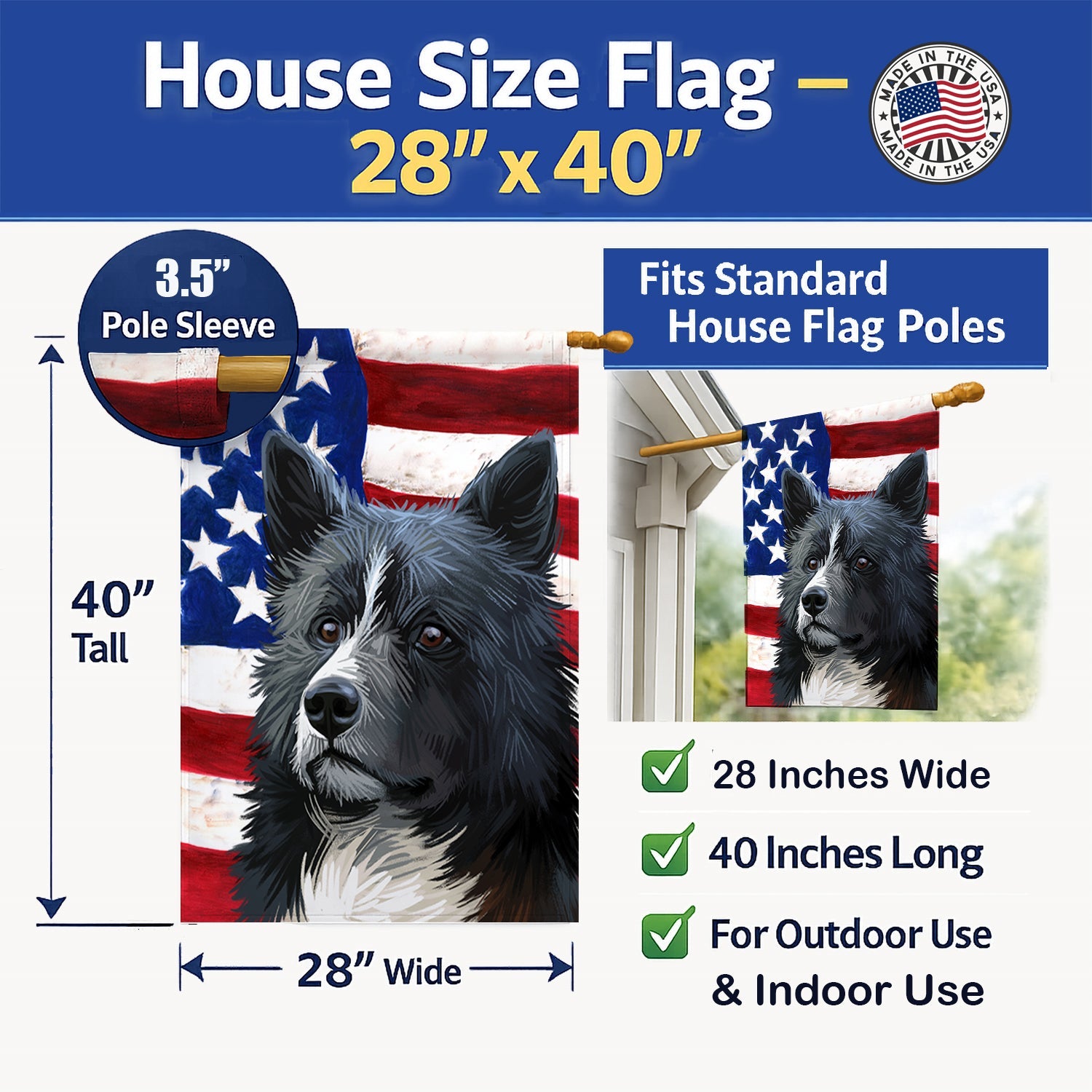 Karelian Bear Dog American Flag House Flag 28x40 Porch Sleeve Pole Decorative Outside Yard Banner Artwork Wall Hanging, Polyester