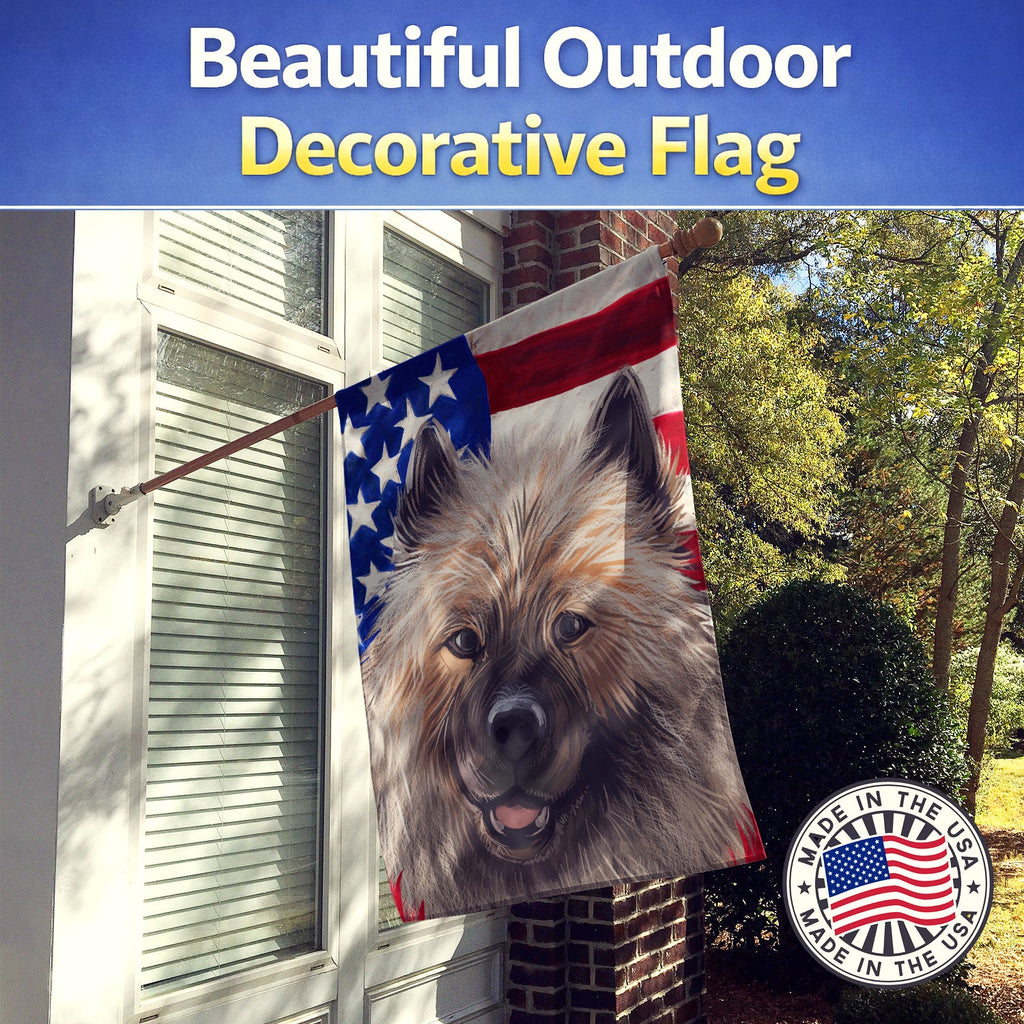 Keeshond American Flag House Flag 28x40 Porch Sleeve Pole Decorative Outside Yard Banner Artwork Wall Hanging, Polyester