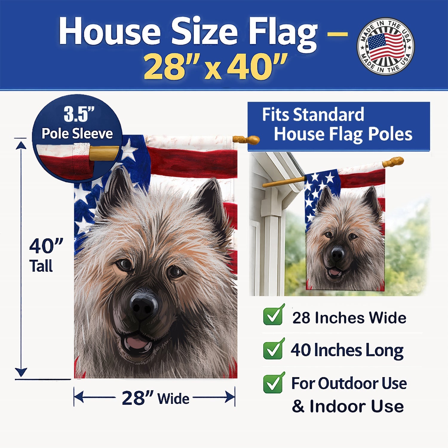 Keeshond American Flag House Flag 28x40 Porch Sleeve Pole Decorative Outside Yard Banner Artwork Wall Hanging, Polyester