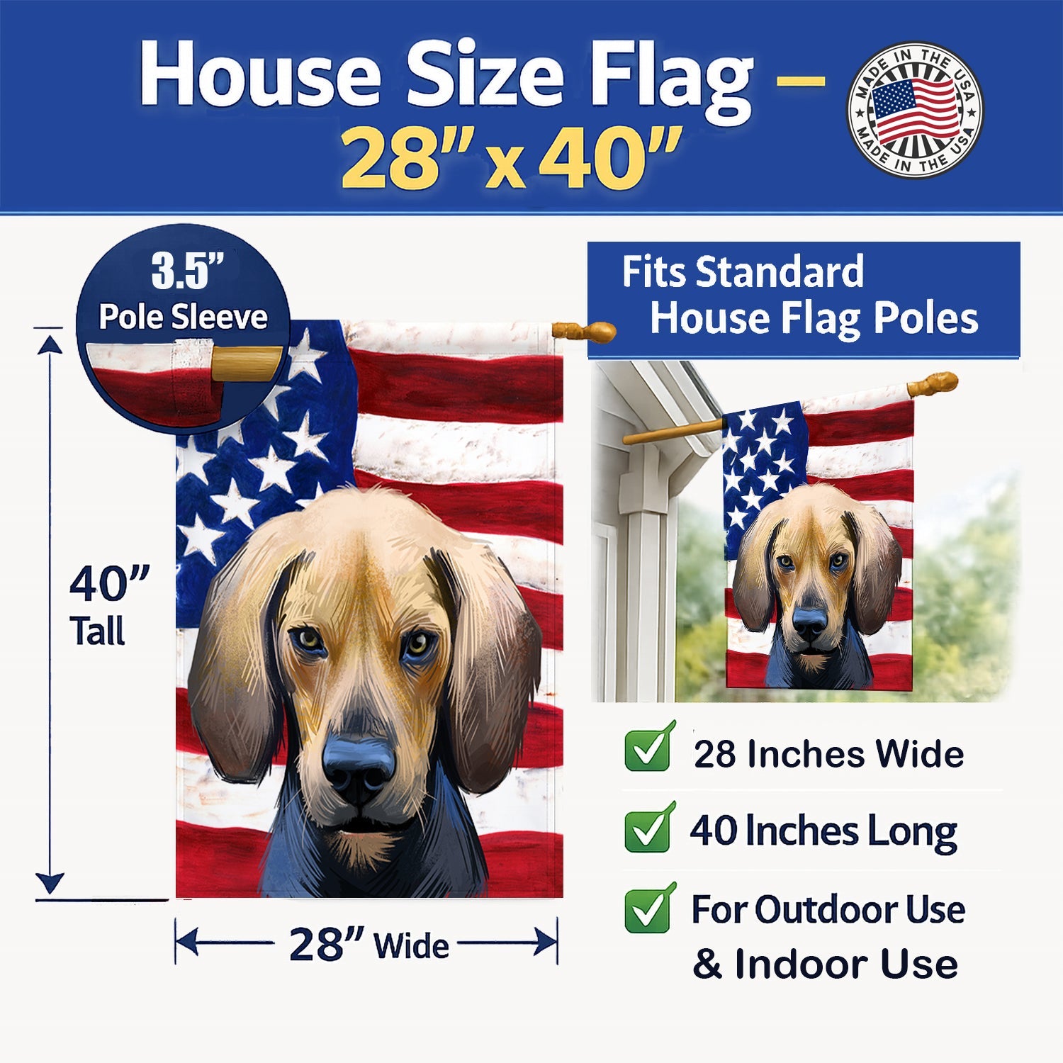 Kerry Beagle American Flag House Flag 28x40 Porch Sleeve Pole Decorative Outside Yard Banner Artwork Wall Hanging, Polyester