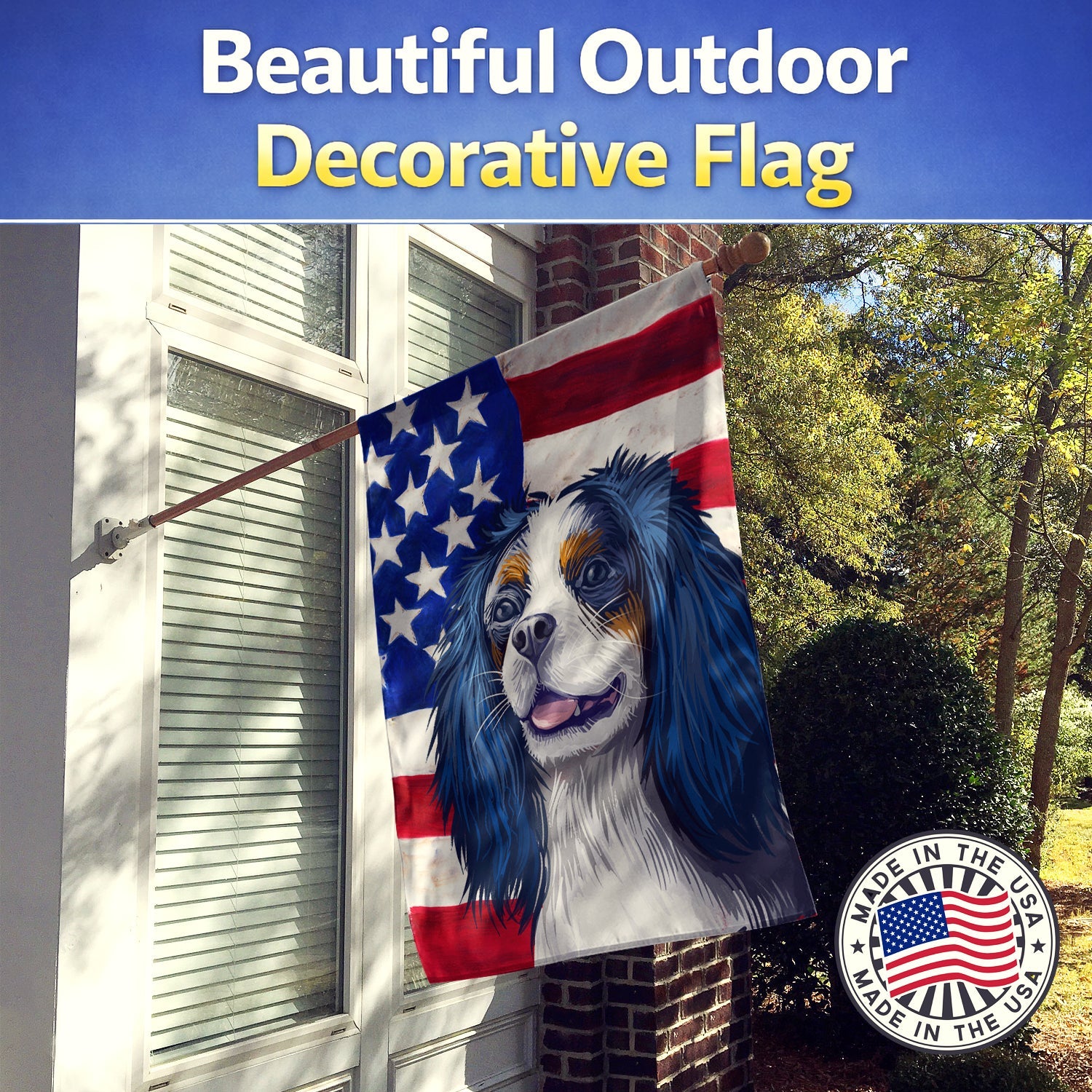 King Charles Spaniel American Flag House Flag 28x40 Porch Sleeve Pole Decorative Outside Yard Banner Artwork Wall Hanging, Polyester